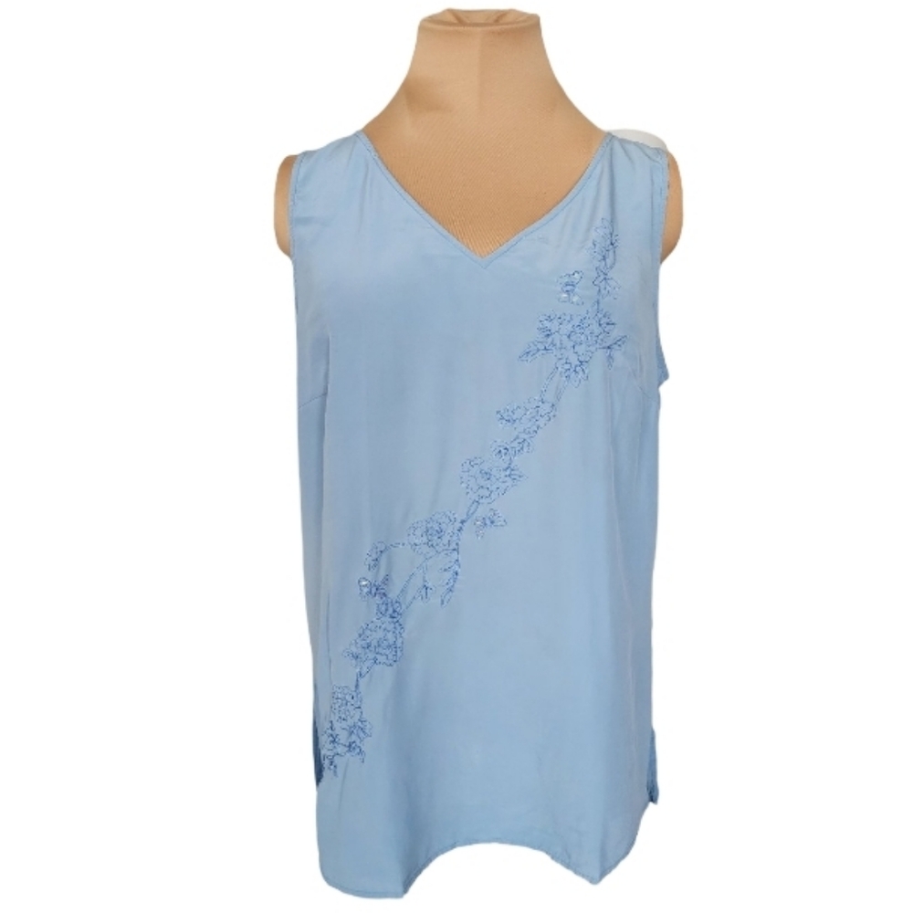 Diane von Furstenberg Silk Assets Blue Embroidered Silk Tank Top Size Small‎